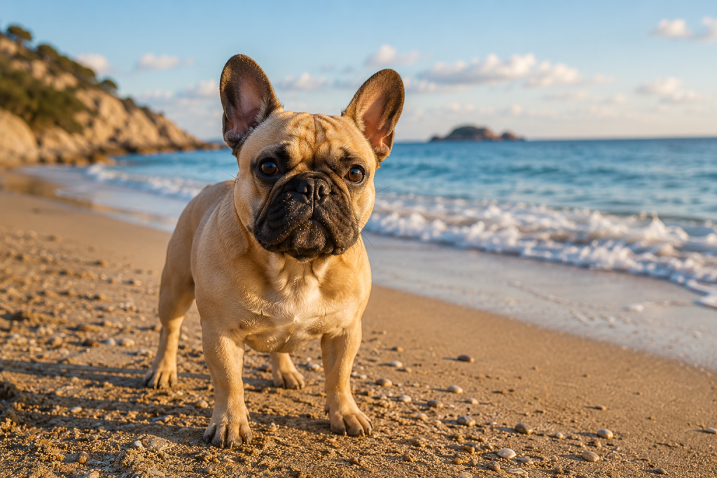 French bulldog on a sandy beach